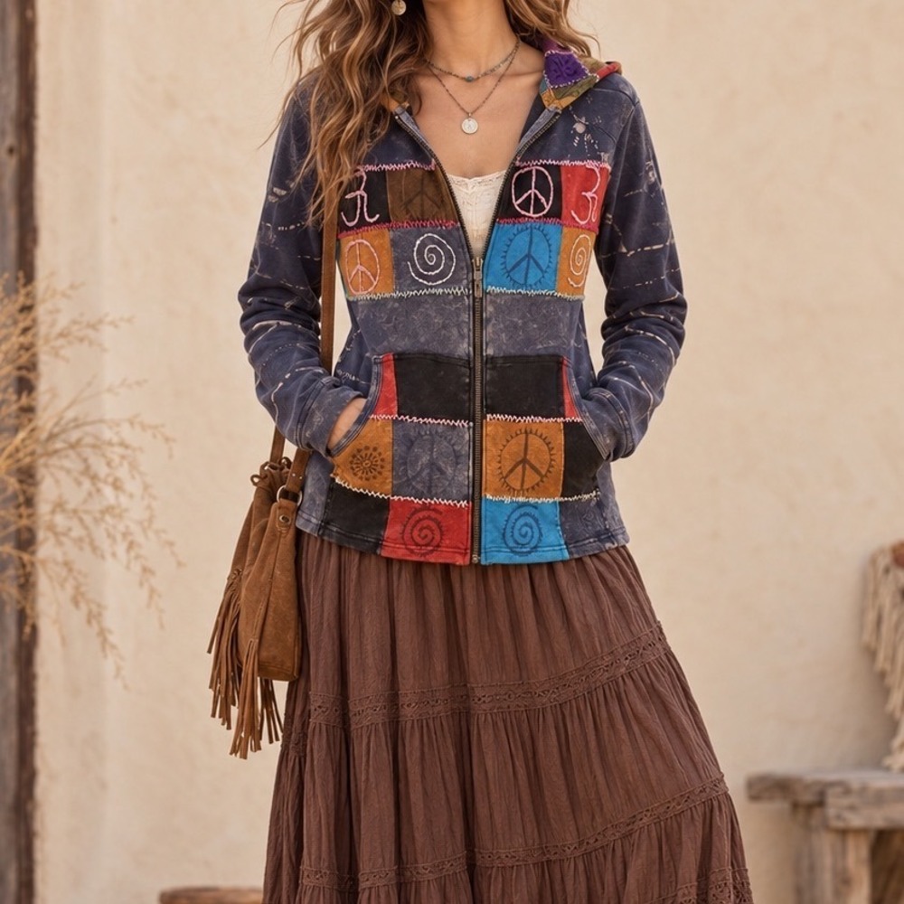 Rising International Patchwork Boho Hippie Peace Zip Hoodie Acid Wash Nepal d5